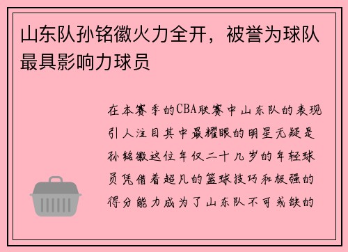 山东队孙铭徽火力全开，被誉为球队最具影响力球员
