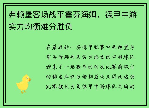 弗赖堡客场战平霍芬海姆，德甲中游实力均衡难分胜负