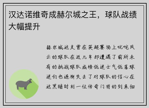 汉达诺维奇成赫尔城之王，球队战绩大幅提升
